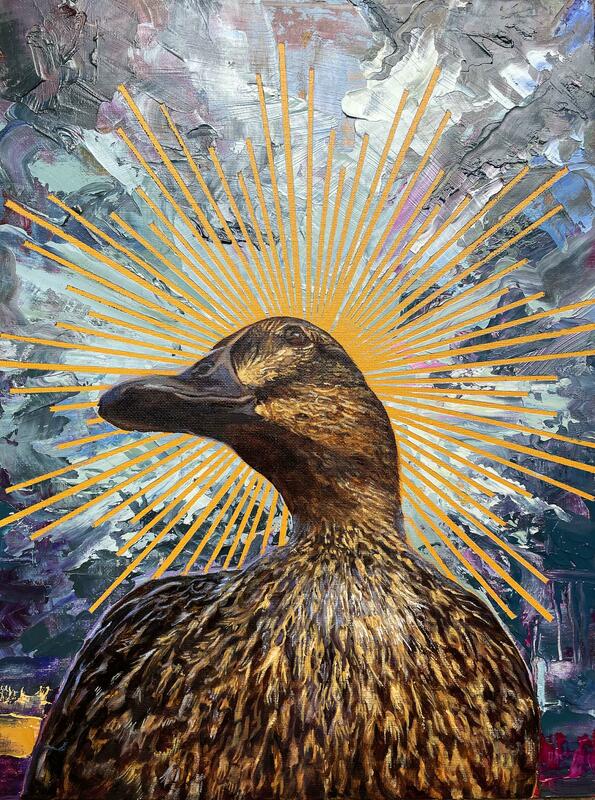 Duck of the Gods: An original oil painting of a female mallard duck, surrounded by a halo of sun rays with an abstract atmospheric background.. By Oxford artist Karina Tarin