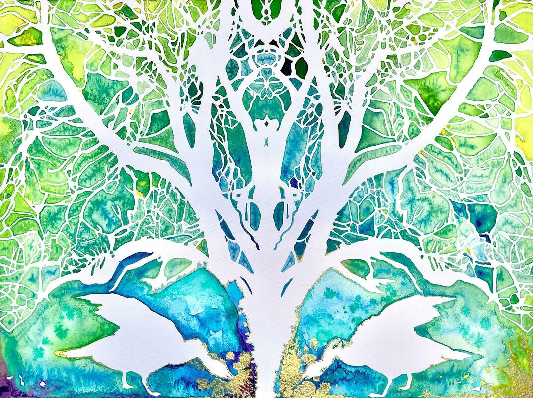 Kintsugi Geese: An original watercolour, ink and gouache painting of two almost mirrored swans beneath a tree. By Oxford artist Karina Tarin