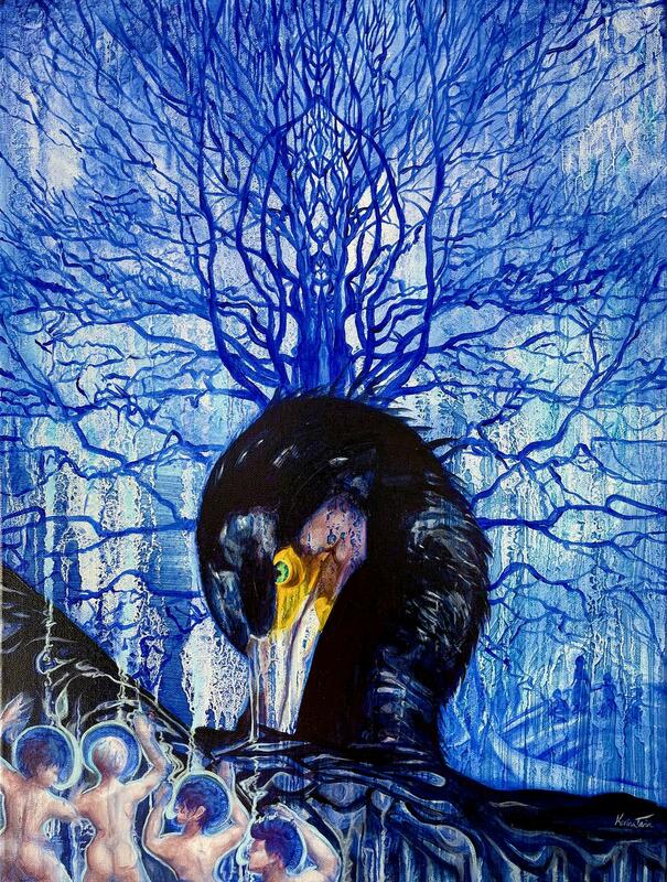 The Messenger: An original oil painting of a cormorant wearing a 'tree crown' delivering messages from spirits to their loved ones. By Oxford artist Karina Tarin