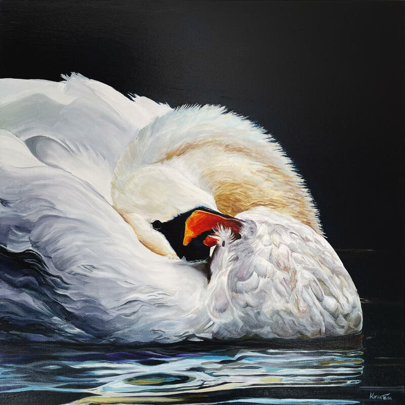 Oxford Swan: An original oil painting of a swan on the river. By Oxford artist Karina Tarin