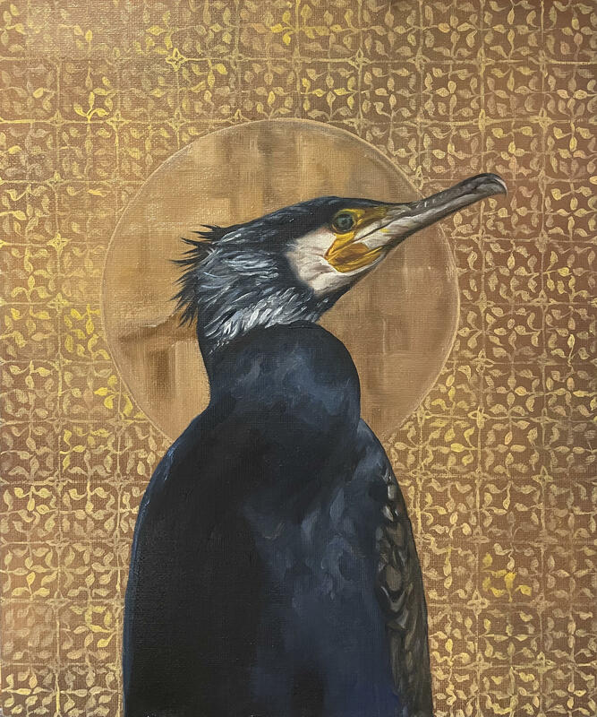 Wilton Cormorant: An original oil painting of a cormorant in the style of the Wilton Diptych. By Oxford artist Karina Tarin 