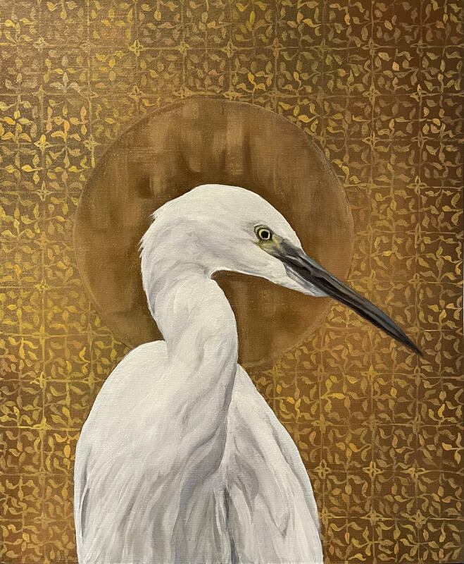 Wilton Egret: An original oil painting of an egret in the style of the Wilton Diptych by Oxford artist Karina Tarin