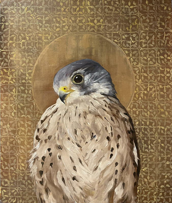 Wilton Kestrel: An original oil painting of a kestrel in the style of the Wilton Diptych. By Oxford artist Karina Tarin