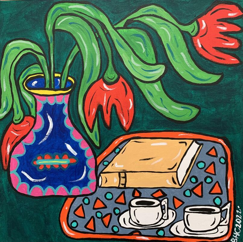 'Tulips & Coffee'-Still Life - Acrylic on Box Canvas 12inch sq / 30.5cm sq
