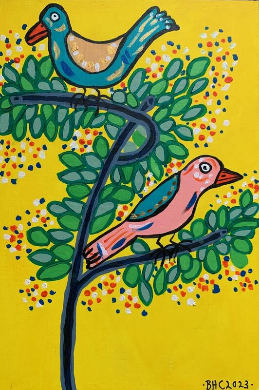 'Two Spring Birds' Acrylic on Canvas Paper on Wood Board 8x12inch / 20.5x30.5cm