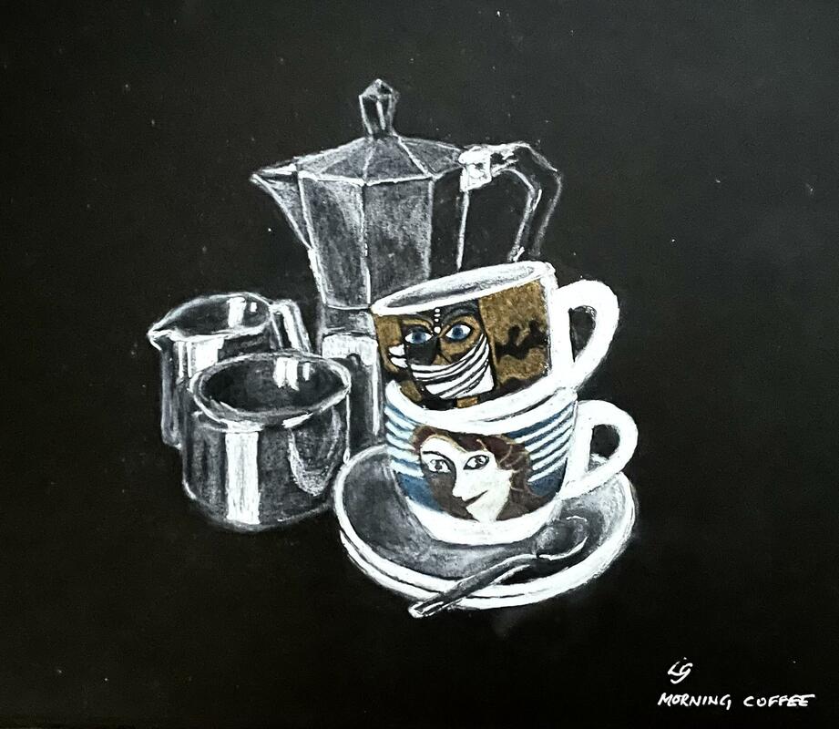 Coffee time  -  pastels on black paper