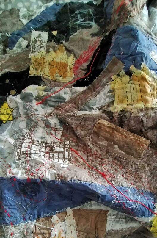 'Occupation' patched pieced, printed cloth as part of a triptych