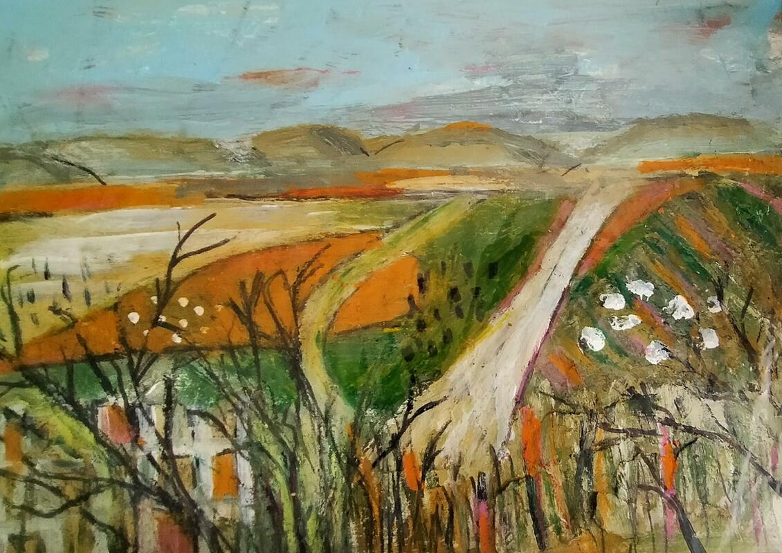 'Across the fields' Semi abstract acrylic painting