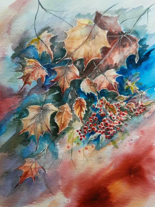 Colourful Watercolour of leaves and berries, Size 19X15 in  £100