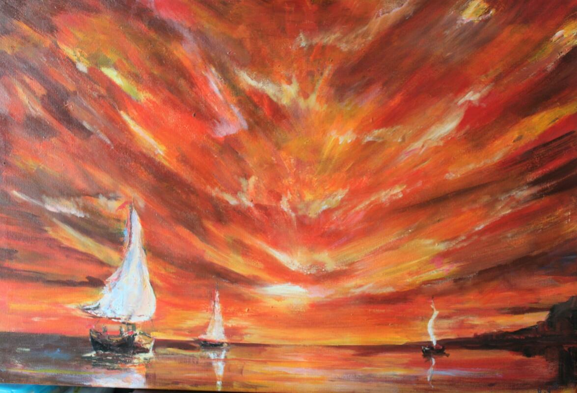 3 Sails -Dramatic Sunset, Acrylic ,Size 25 X38 in ,£400 -Sold