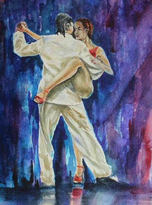 Lets Tango -Dance Series ,Watercolour ,Size 11 X 9 in ,framed in a silver frame ,£75