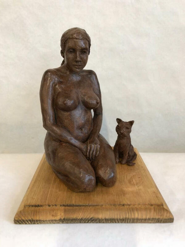 Girl with cat - terracotta clay fired to stoneware