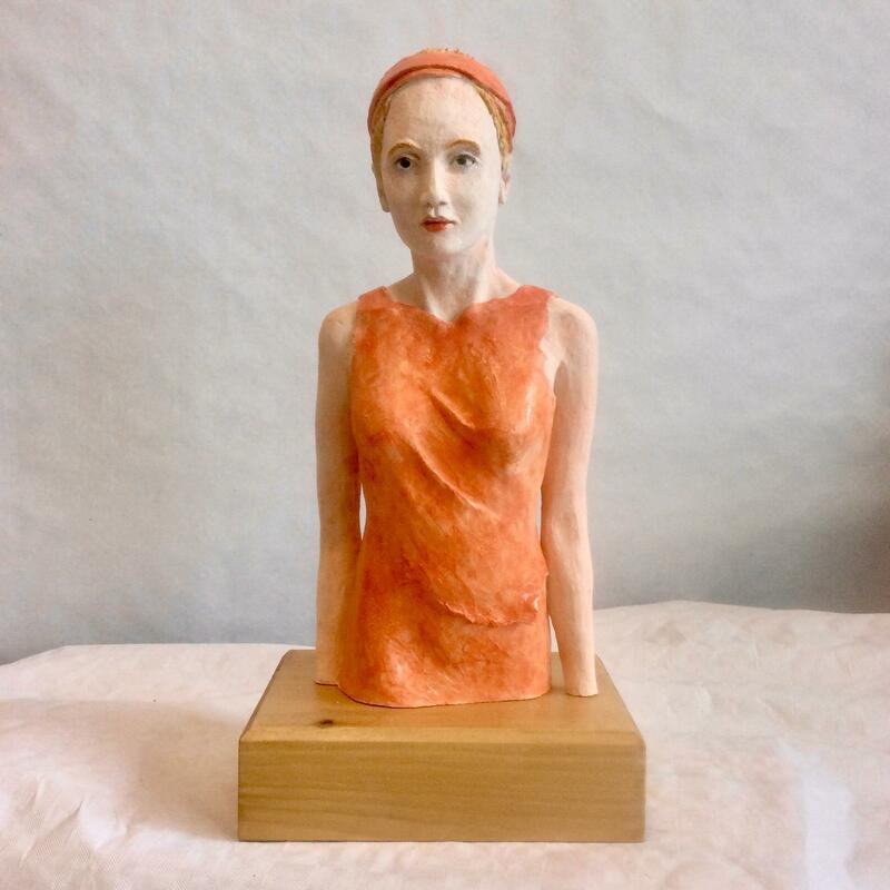 Girl in orange dress - glazed clay