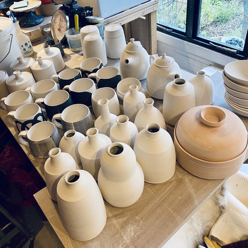 Bisqued ware awaiting glaze, ready for Artweeks!