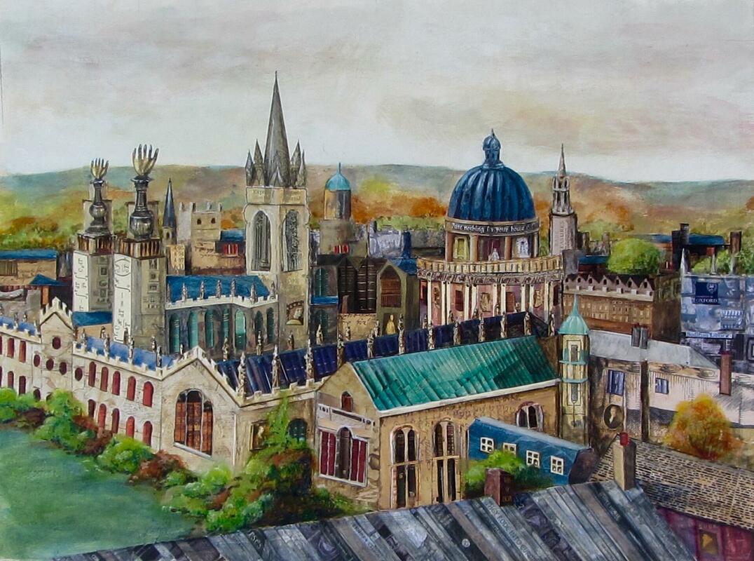 "Academic Oxford", collage and acrylic, SOLD. Available as a limited edition giclee print  12" by 16" and 6" by 8", mounted, £40 and £14. 