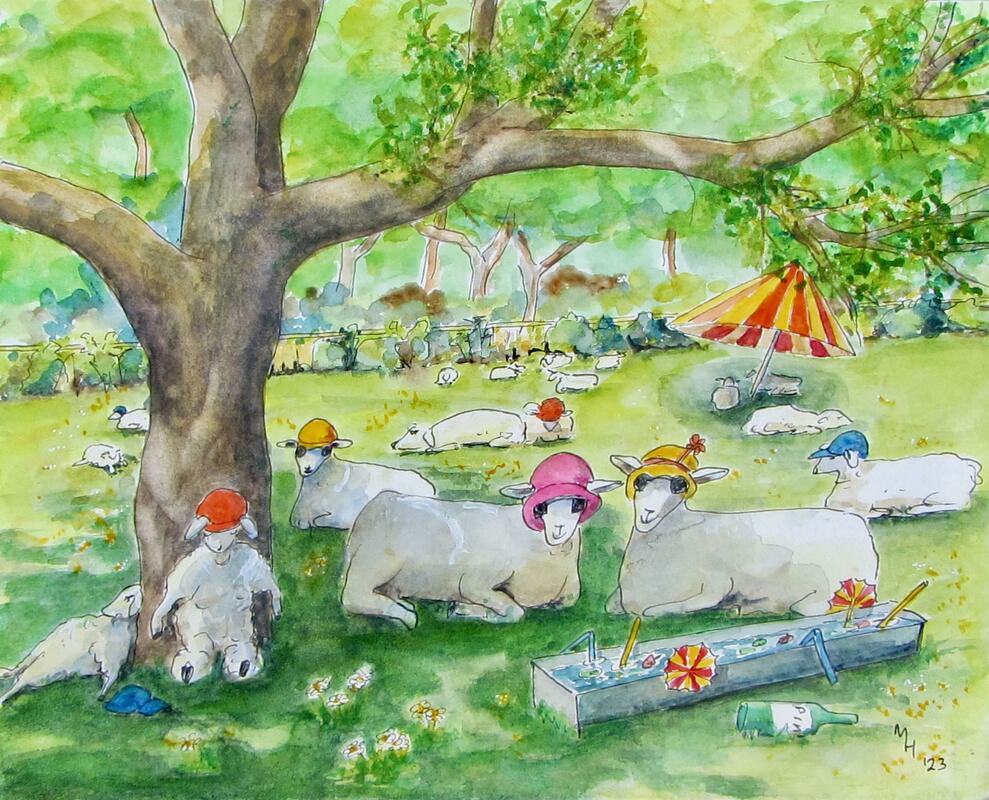 "Summer sheep", watercolour and ink, 12" by 10", framed. £70. (I also have autumn sheep). These are all available as limited edition giclee prints, 10" by 8" when mounted, £14. 