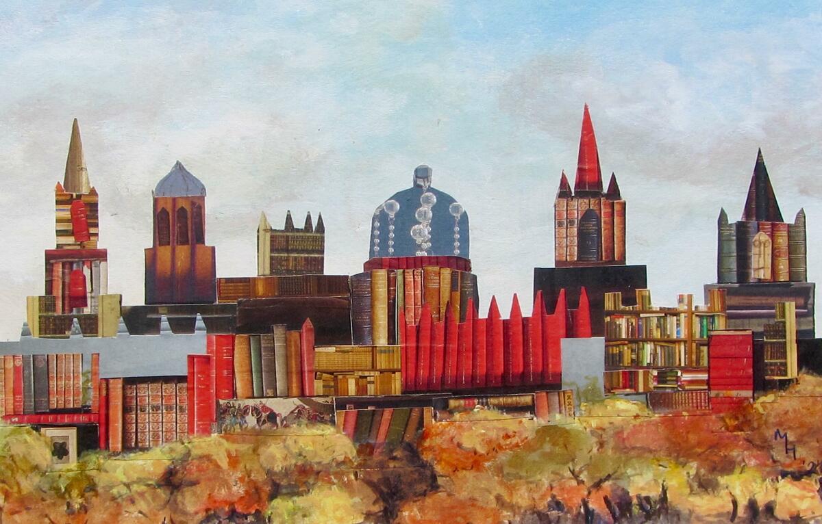 "Oxford in Books", collage and acrylic, A4 in size, mounted, £50.