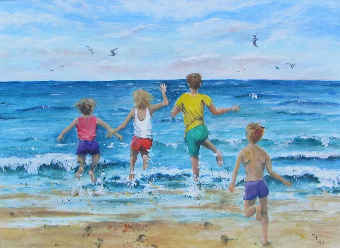 "Race you to the sea!", acrylic, SOLD. Available as a limited edition print, 12"x8", 6"x8", mounted, £30, £14. 