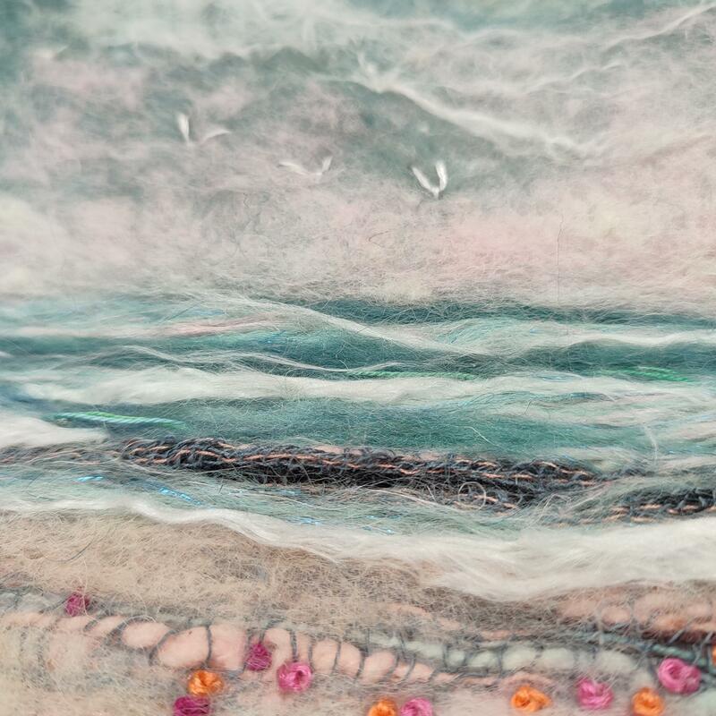 Felted wool and fabric scrap seascape with hand embroidered detail. Tranquil.