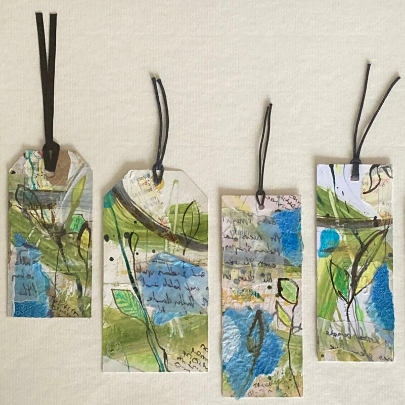 A walk in the woods. Mixed media re-use clothing labels. Framed wall piece.