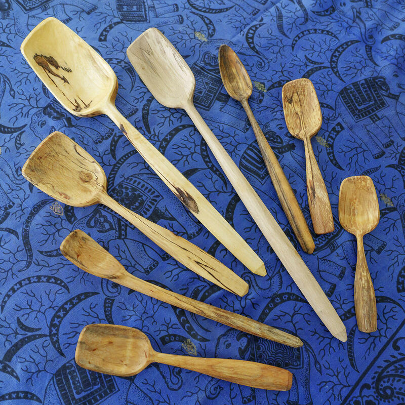 A selection of hand-carved wooden spoons, in 'spalted' woods (Beech, Birch and Sycamore) by Michael J. Amphlett