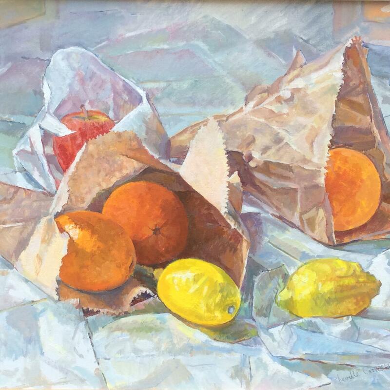 Paper bags with fruit oil on board 68x52cm framed £250