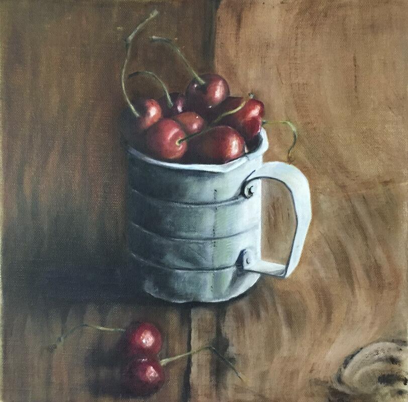 ‘Coup de cherries’ £140 oil on box linen canvas 12 by 12 ins unframed 