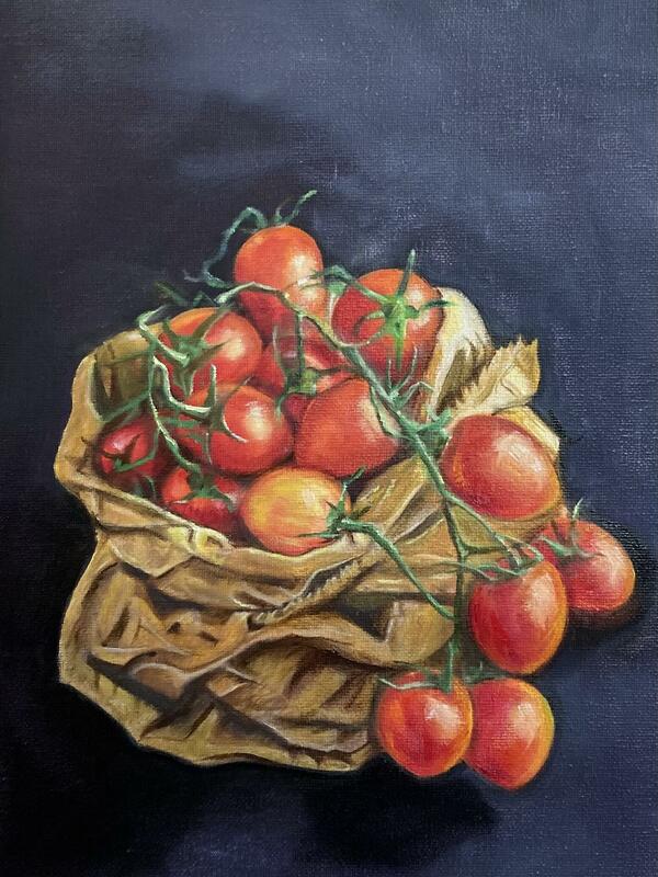 Bag of cherry tomatoes oil on canvas framed £245, 37cm height by 28cm width, framed with mount and glass 51cm by 40