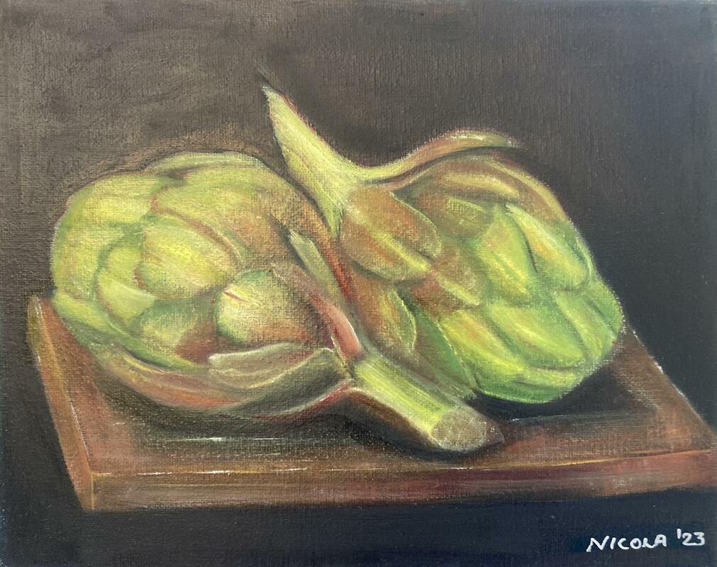 ‘Artichokes’  oil on canvas framed small size 8 by 10 ins £125