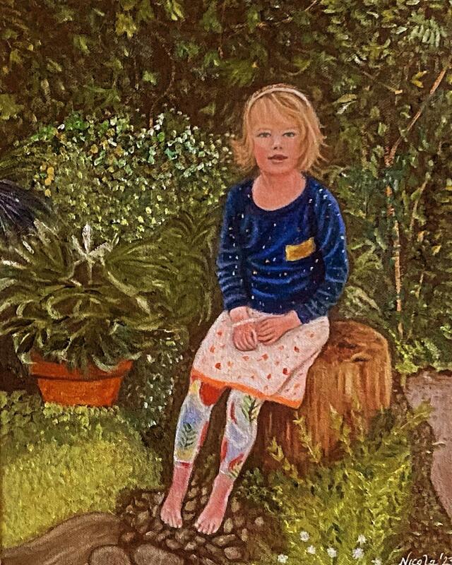 ‘Little girl in garden’, recent commission, oil on canvas 