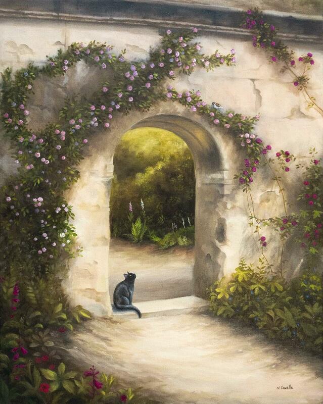 Oil painting of cat under arch