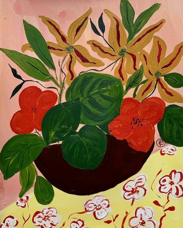 Bowl of flowers and big leaves by Pascale Cumberbatch