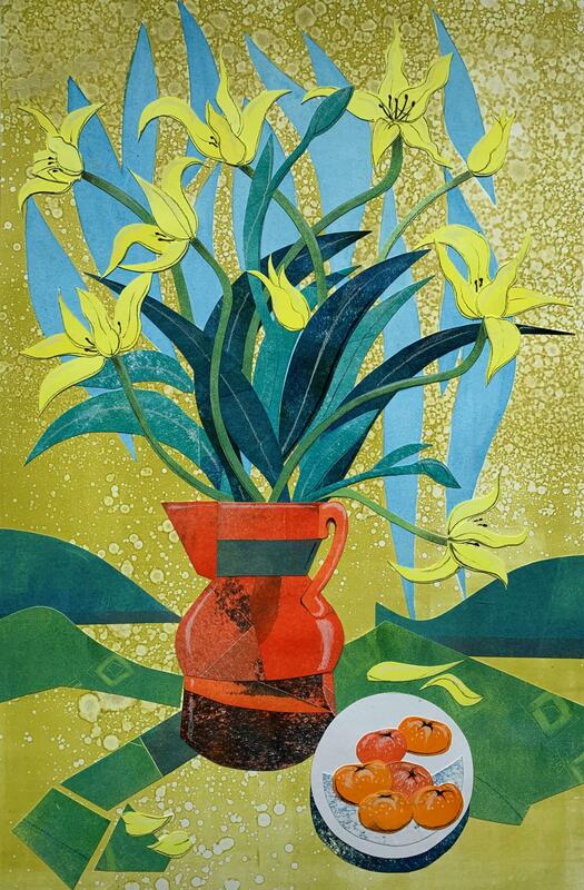 Tulips and Tangerines: Still life collage of monoprinted images