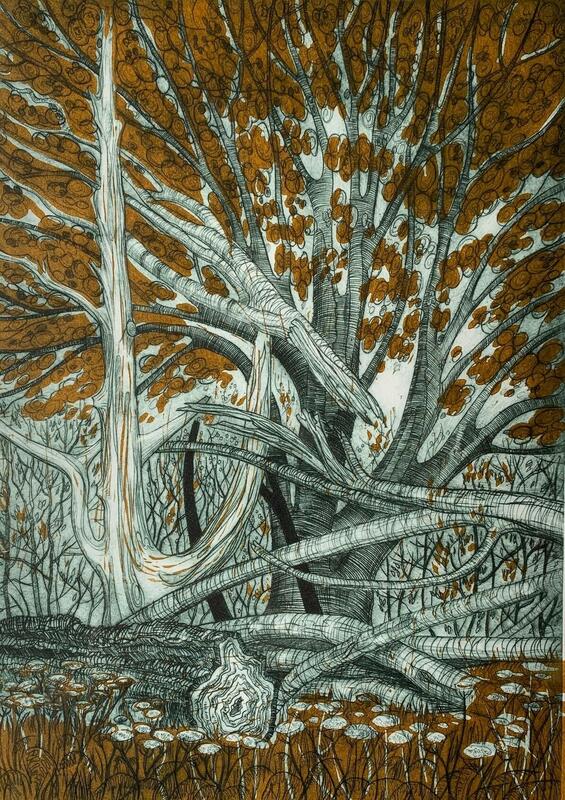Wytham Autumn Beeches: Lino cut and dry point print