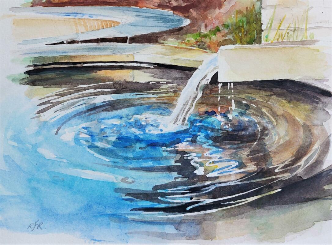 Watercolour of the Water Feature at Horatio's Garden, Stoke Mandeville Hospital by Rebecca Rason Flor Ferreira