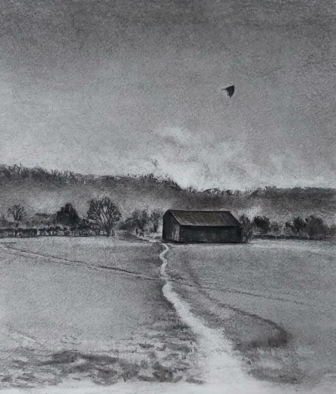 A charcoal drawing of a view in Chinnor Oxfordshire, by Rebecca Rason Flor Ferreira