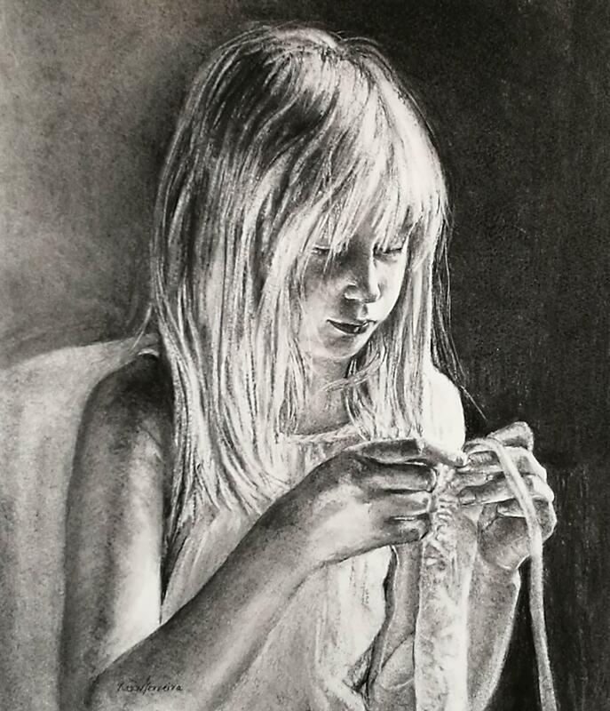 Portrait of a Young Girl in Charcoal, " A Stitch in Time" by Rebecca Rason Flor Ferreira