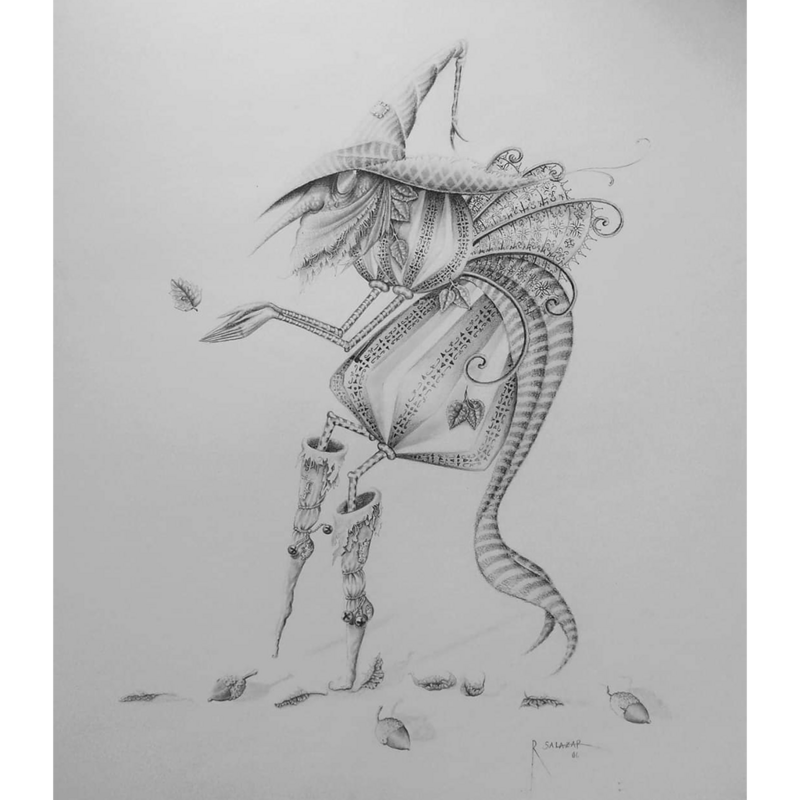 The art exhibition entitled "Deities of the Forest" highlights one of the pieces on display called "Curiosity". This creative illustration is made with graphite pencil, measures 42 cm x 59.4 cm and depicts a forest creature exploring its environment. The artwork depicts a forest creature exploring its surroundings with a sense of wonder and invites viewers to explore their own sense of curiosity and imagination.