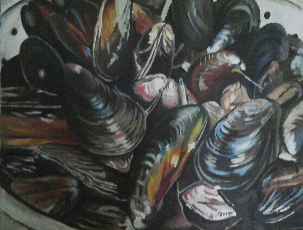 Mussels in a Colander - acrylic on board
