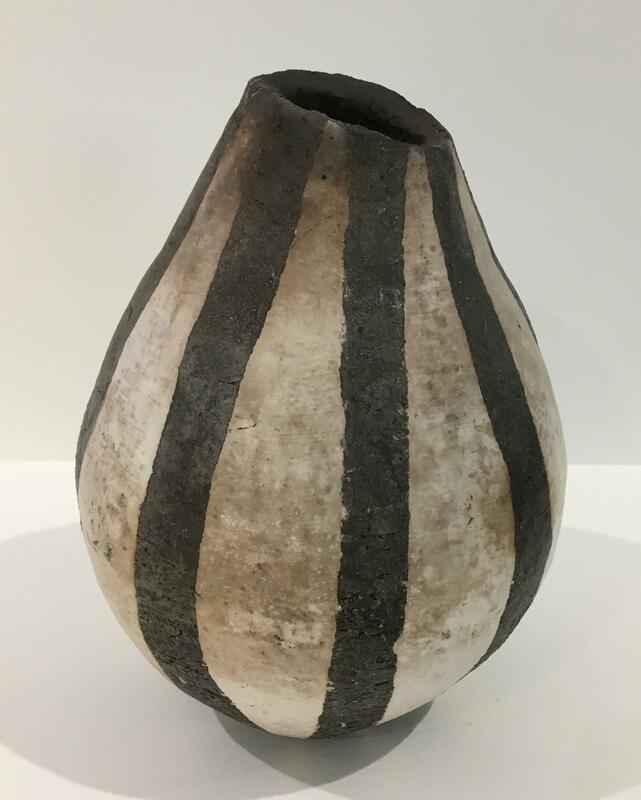 'humbug' coil pot, white slip striped over black body, smoke-fired