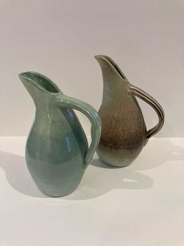 2 porcelain glazed jugs, wheel thrown and adapted