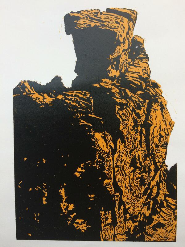Monumental. A lino-cut showing the craggy structure of a Scottish peak.