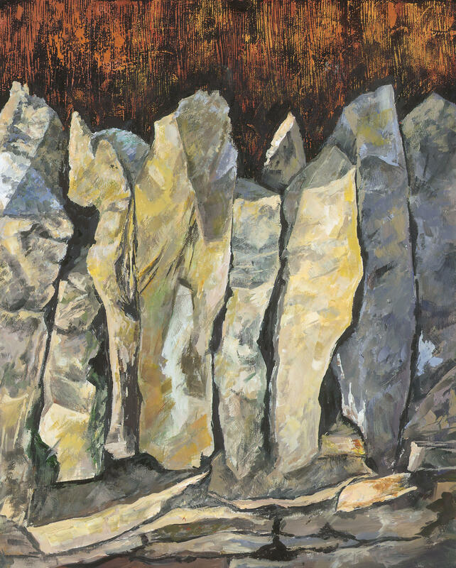 A study in acrylics of top stones of a wall at Farm.Ed. The stems in the background are a linocut.