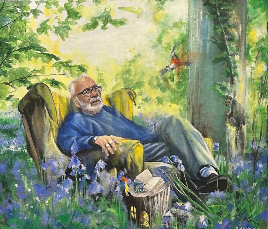old man in a worh chair in nature with Robin, hegdehog, squirrel and fairies.
