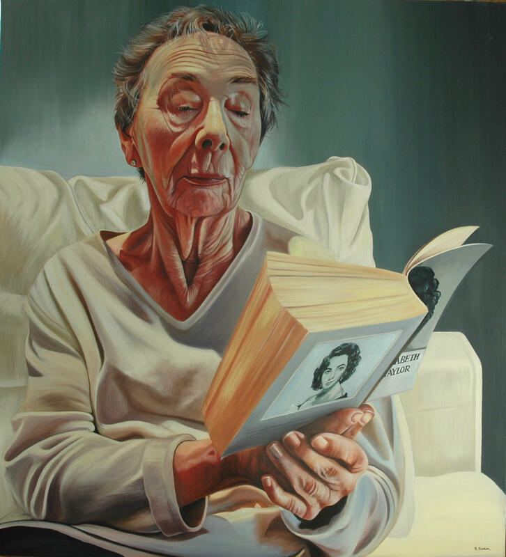 Painting of older lady reading a book of Elizabeth Tailor