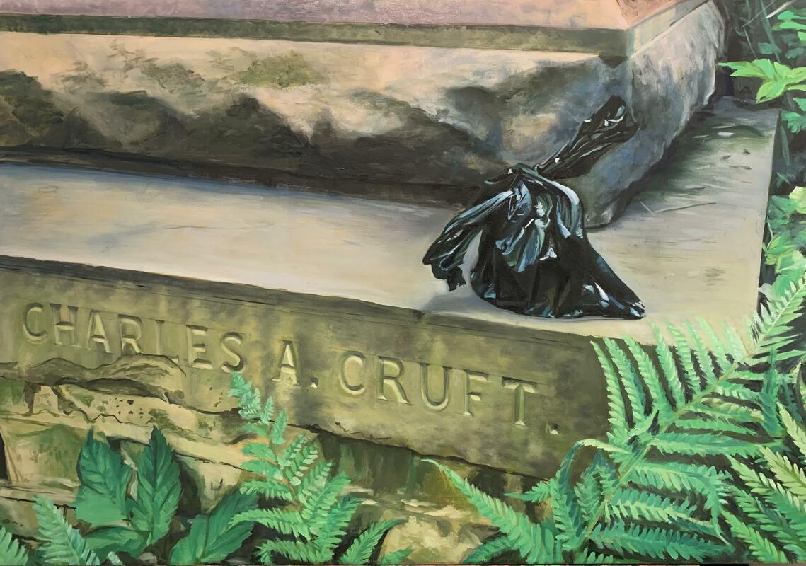 Painting of a doggy bag thrown on the gravestone of Thomas Cruft