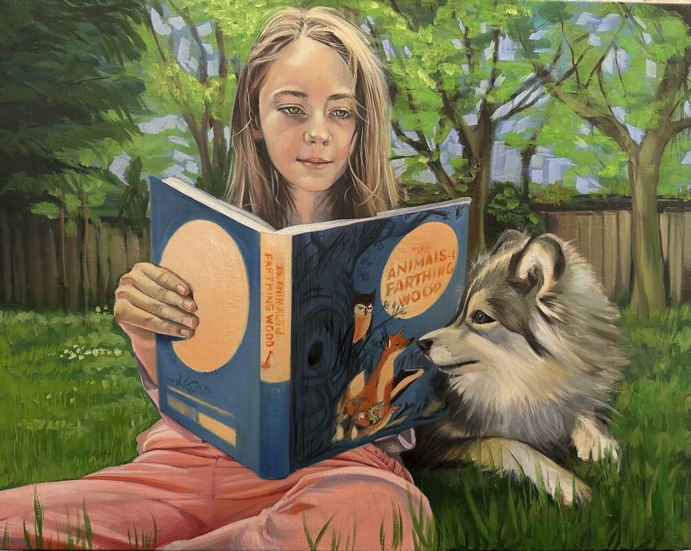 Oil portrait of girl reading with dog responding to fox on the book cover