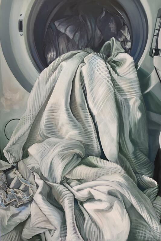 Painting in oil of washing machine with laundry falling out
