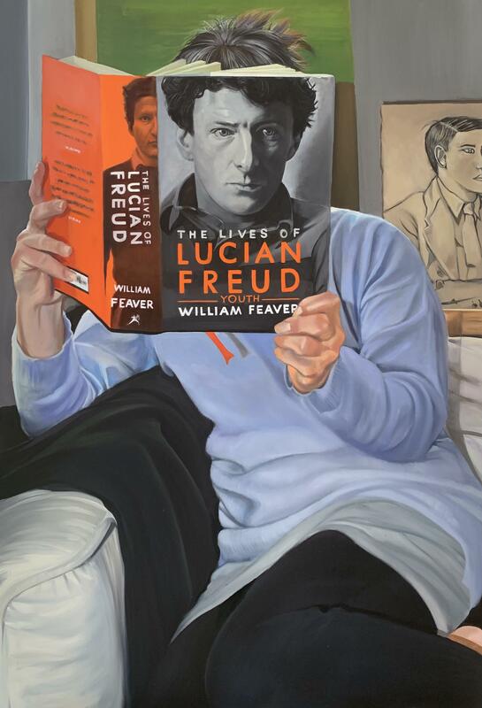 Self portrait with Freud book replacing artists head