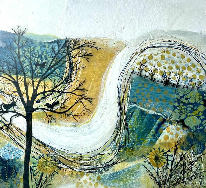 Birds watching, is with a limited colour palette using stencils, collage and patterns to show the landscape as the birds watching or ready to roost. 